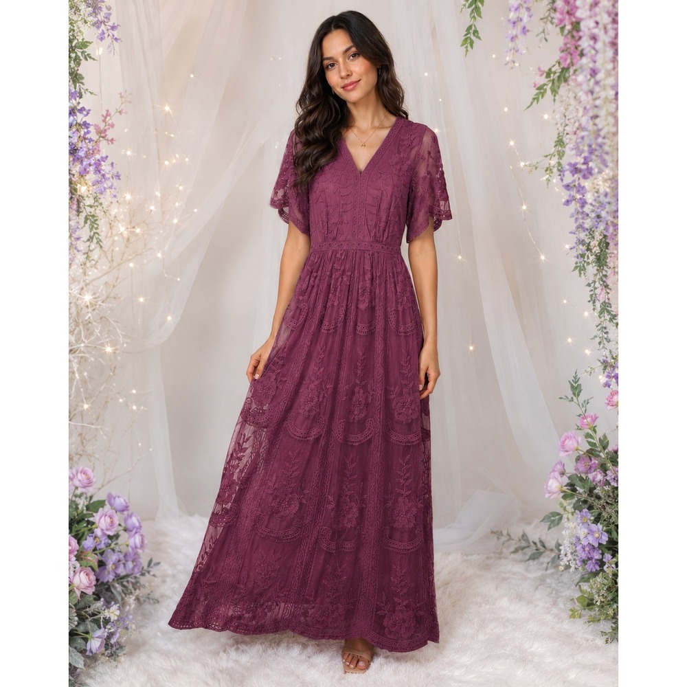 Altar'd State Whimsical Plum Fairy Floral Lace Maxi Dress Soft Romantic Size S